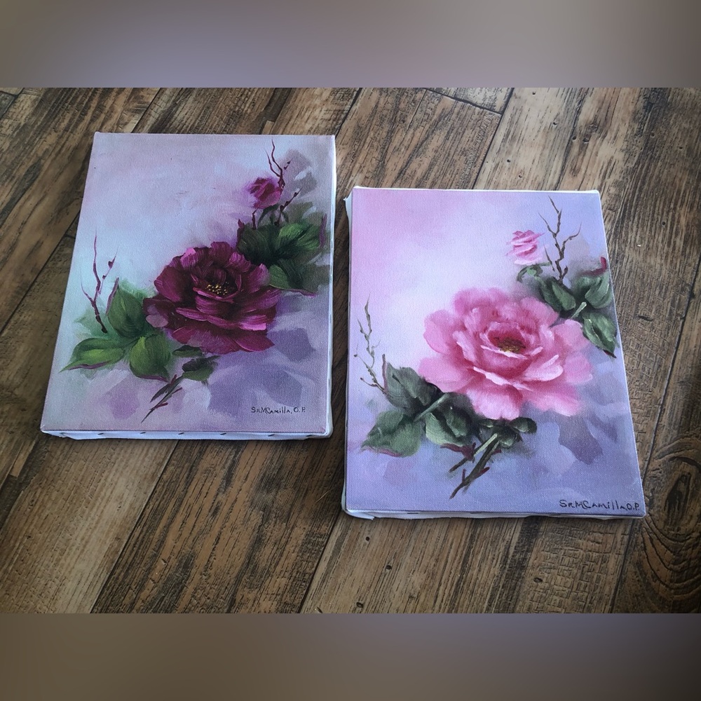 Still Life Rose Painting Vintage Floral Art 8x10” Canvas Pair, Cottage Whimsical